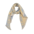 Blue and yellow patterned knit scarf with fringe trim in a soft boucle yarn loop style - Light Blue Yellow