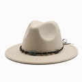 Classic beige wool fedora hat with turquoise ethnic braided band for men and women - Beige