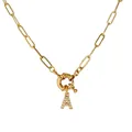 Golden paperclip chain necklace featuring a zircon paved letter A pendant and spring clasp - Letter A