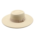 Classic beige wool felt jazz fedora hat with wide brim and elegant ribbon bow detail - One Size / Beige