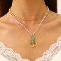Double-layered gold necklace with pearls, teal shell and starfish charms for women - Enamel Shell Starfish Necklace(8060)