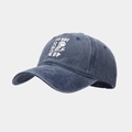 Close-up of washed blue cotton twill baseball cap with DO NOT SCREW UP slogan print - Adjustable / Navy Blue
