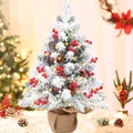 Close-up of frosted mini Christmas tree with red berries, pinecones and warm LED lights - SYV502