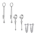 Set of 3 pairs of silver stainless steel earrings with tassels, chains, and rings - Set 8 (Silver - Tassel Cone/Hoop Triangle/Chain Stud)