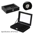 Black velvet jewelry organizer box with clear glass window and metal buckle, 20x15x5cm - 9 Slots / Black
