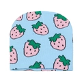 Light blue knitted beanie with pink strawberry patterns and green leaf details - Strawberry (B)