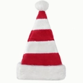 Detailed view of red and white striped plush Christmas hat with a soft white pompom - White Red Striped