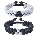 Detail of adjustable double-layer matte and tiger eye stone bead bracelets set - Couple Set 3 (Lava & White Turquoise)