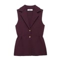 Elegant sleeveless dark purple knit blazer vest with waist gathering and gold buttons - S / Fuschia