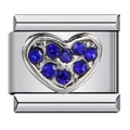 Macro detail of Italian heart charm with blue crystals on silver stainless steel - Blue Rhinestone Heart (ICJ733)