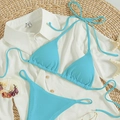 Lake blue ribbed bikini set featuring halter triangle top and side tie bottoms - Teal Blue