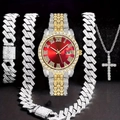 Luxury iced-out silver and gold watch set with red dial and matching cuban link jewelry - Red Dial Two Tone Gold Silver (Without Box)