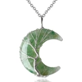 Silver plated Tree of Life crescent moon necklace with green crystal stone and steel chain - Green Aventurine Necklace-Silver Chain