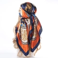 Navy blue and orange chain print satin headscarf in 90x90cm silk-like fabric for women - Navy Orange