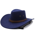 Detail of navy blue suede fedora featuring brown braided rope and metal eyelet vents - M (56-58cm) / 03 Navy Blue