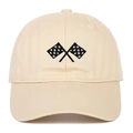 Classic light beige cotton baseball cap with checkered racing flag embroidery on front - Beige