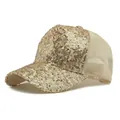 Goldene Pailletten-Baseballkappe für Damen mit atmungsaktivem beigem Netzrücken und Verschluss - Verstellbar / Khaki (Goldene Pailletten)