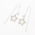 Detail of silver long drop earrings featuring crystal star pendants and polished chain - Silver Star Tassel Ear Line (H108)