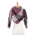 Multicolor plaid triangle scarf with tassel fringe edges on mannequin display - Fine Plaid Wine Red