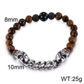 Bracciale di perle occhio di tigre e nero opaco con teschio in acciaio inox e catena - Chiusura Argentata Occhio di Tigre Perlina / Giallo Marrone (Occhio di tigre)