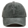 Macro detail of PEACE letter embroidery on washed grey vintage baseball cap fabric - One Size / Green