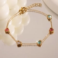 Bracelet double en acier titane doré avec cinq zircons multicolores en forme de cœur - Cœur Coloré