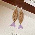 Detail of bohemian rattan earrings with purple fishtail and white zircon inlay - 34# 925 Sterling Silver Earring Post - Gold/Coffee - Purple Fishtail Woven Dangle