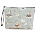 Blue canvas makeup bag featuring rabbit on cloud illustration with zipper and wrist strap - Cartoon Rabbit Reading Style (Style 1) / 17*25cm