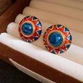Vintage gold sunflower stud earrings with blue marble stone and red enamel details - Silver Needle Resin Pleated Stud Earrings - Blue Red (56#)