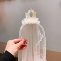 Cerchietto con corona per bambine con velo in tulle bianco panna e paillette oro - Giallo