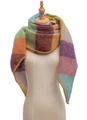 Close-up of colorful plaid scarf fabric texture and yellow stitching on the edge - 06# Yellow Blue Pink