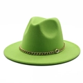 Bright green wide brim wool fedora hat with elegant gold metal chain decoration - 58cm One Size / Fruit Green