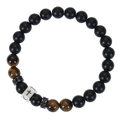 Detail of cross and heart engraved silver bead on 8mm tiger eye and lava stone bracelet - Baptism Blessing Card / Tiger Eye + Matte Stone