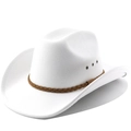 Classic white wool felt western cowboy hat with brown braided band and metal eyelets - M (56-58cm) / White