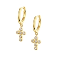 Detail of gold hoop earrings with bezel-set cubic zirconia cross pendants on white background - Gold Inlaid Zirconia Cross Pendant