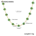 Bohemian handmade titanium steel necklace with green glass bead flowers in gold finish - Green Necklace