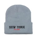 Close-up of grey knit beanie with black New York and red EST. 1625 embroidery - M(56-58cm) / Gray