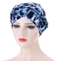 Women turban headscarf with blue and white abstract print and twisted braid design - Blue Leopard