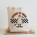 Beige Halloween canvas tote bag featuring Creep It Real ghost and skateboard illustration - Creep It Real Skateboard Ghost