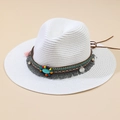Cappello di paglia Panama bianco con perline boho e ciondoli turchesi per l'estate - M (56-58cm) / Bianco