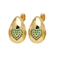 Macro shot of gold-plated drop earrings featuring green heart stones and zircon inlay - Green Heart