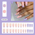 Uñas postizas estilo francés color lavanda con flores y set completo de 24 piezas - Flor de Taro (W1045)