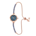 Rose gold quartz watch with dark blue dial and crystal bracelet on white background - Rose Gold Blue