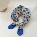 Chic cotton linen floral neck scarf with navy blue edges in an elegant knotted style - Blue Floral-Myrtle Blue