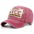 Close-up of vintage burgundy baseball cap with distressed NYCC embroidery and cotton texture - Adjustable / Burgundy