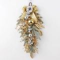 Detail of Christmas wreath with golden leaves, snow-covered pine branches, and a large bow - D612 55CM Teardrop Swag