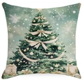 Detailed view of green linen Christmas pillowcase with illustrated tree and gift boxes - YMD15-21 (Xmas Tree Gift Set)