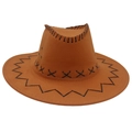 Detail of brown faux suede cowboy hat with black decorative stitching and side air vents - Adult (57-60cm) / Khaki