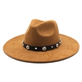 British style camel wool fedora hat with studded leather band and pearl flower accents - M(56-59CM) / Suede / Khaki