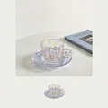 Blue checkered glass cup and saucer set featuring elegant tulip floral patterns - 200ml / Blue Star